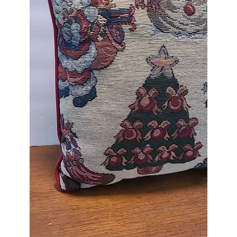 VTG Embroidered Christmas Tapestry Pillow 15x15‎ Snowman Santa Christmas Tree
